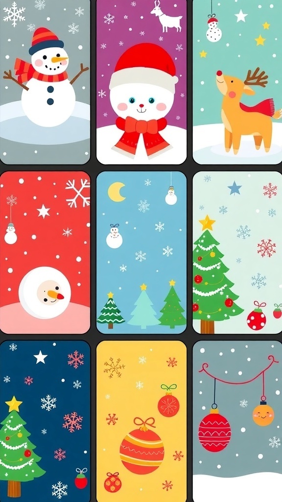 Cute Christmas laptop wallpapers featuring snowmen, reindeer, and Christmas trees in vibrant colors.